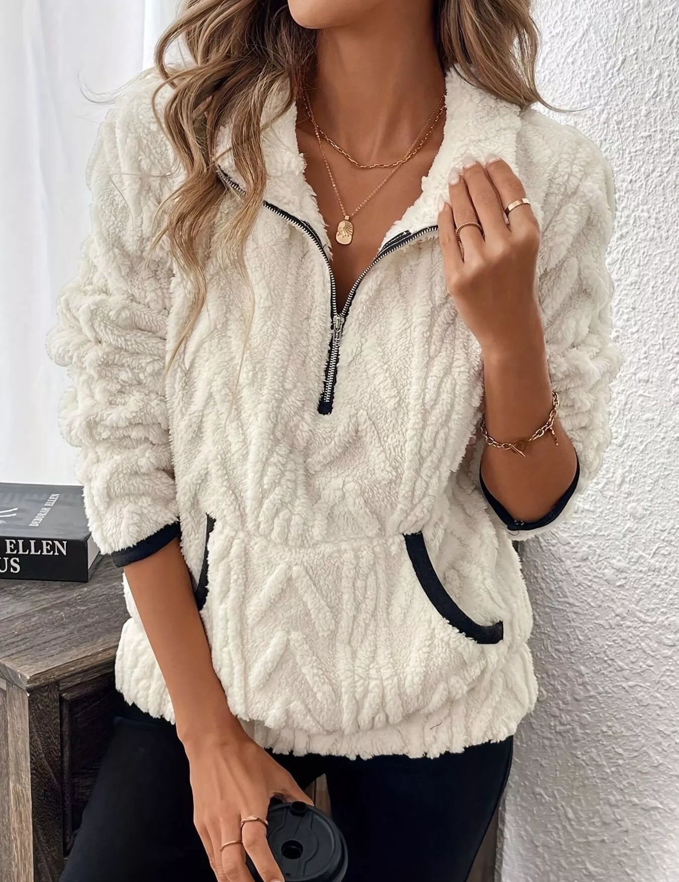 Cream Cozy Sherpa Half Zip Sweatshirt | Sweatshirts Daverri Fashions