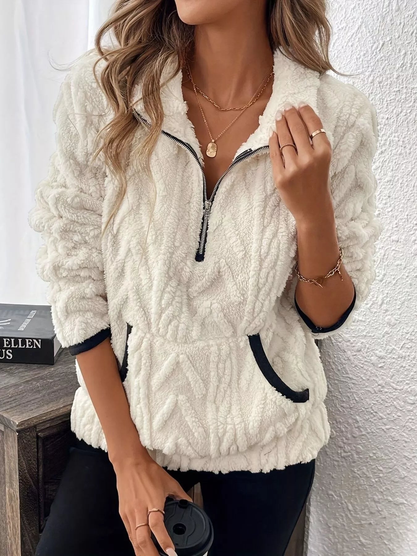 Cream Cozy Sherpa Half Zip Sweatshirt | Sweatshirts Daverri Fashions