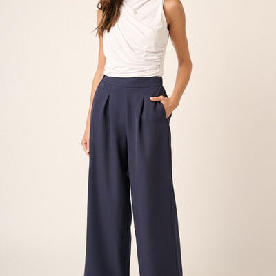 Mittoshop Inverted Pleat Detail Wide Leg Pants Navy Dark Navy Pants