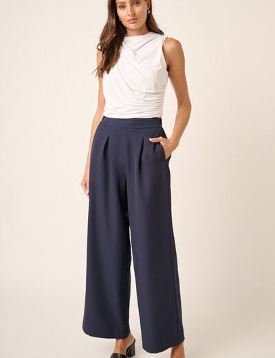 Mittoshop Inverted Pleat Detail Wide Leg Pants Navy Dark Navy Pants