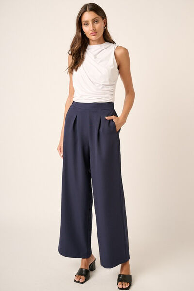 Mittoshop Inverted Pleat Detail Wide Leg Pants Navy Dark Navy Pants