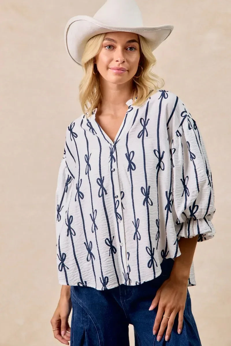 BiBi Bow Ribbon Printed Woven Bubble Sleeves Top - DAVERRI FASHIONS