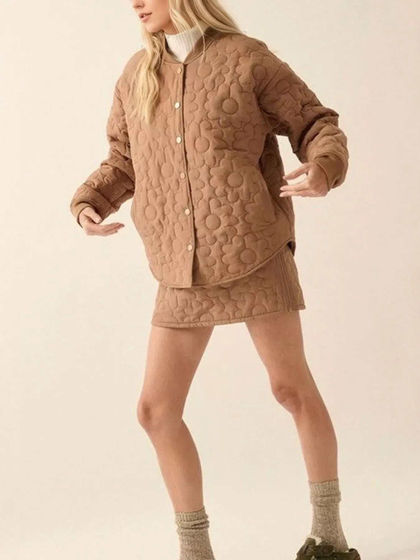 Textured Snap Down Jacket - DAVERRI FASHIONS