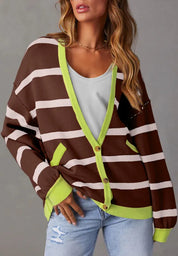 Contrast Stripes Button Down Long Sleeve Cardigan | Cardigans Daverri Fashions