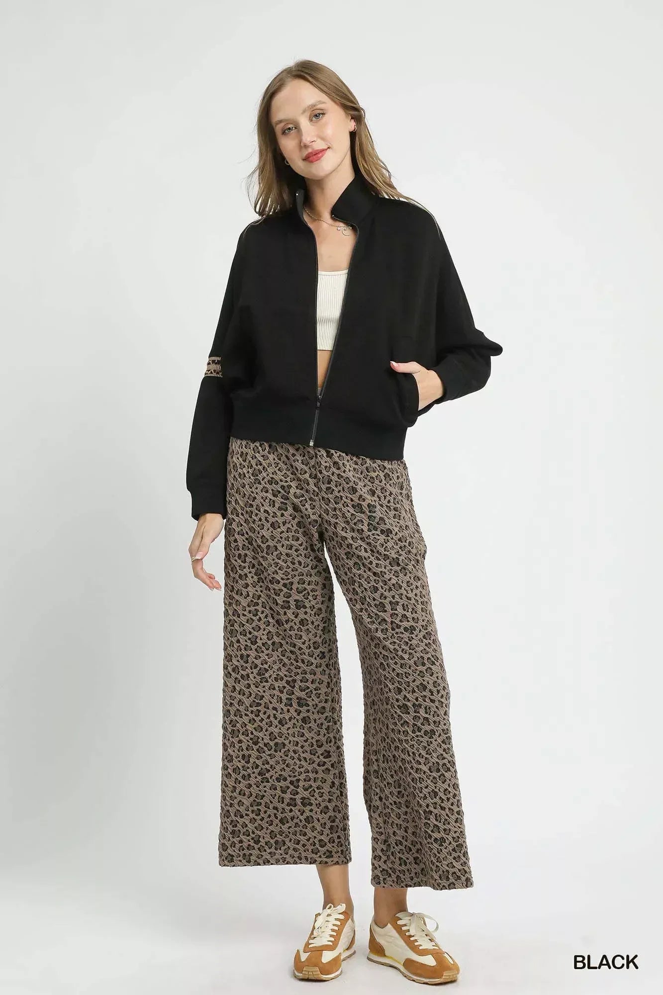 Umgee Zipper Up Cropped Jacket with Leopard Trim - DAVERRI FASHIONS