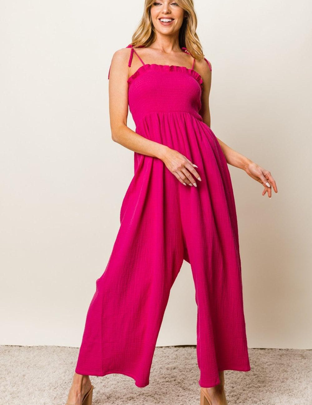 BiBi Texture Smocked Sleeveless Jumpsuit FUCHSIA Jumpsuits