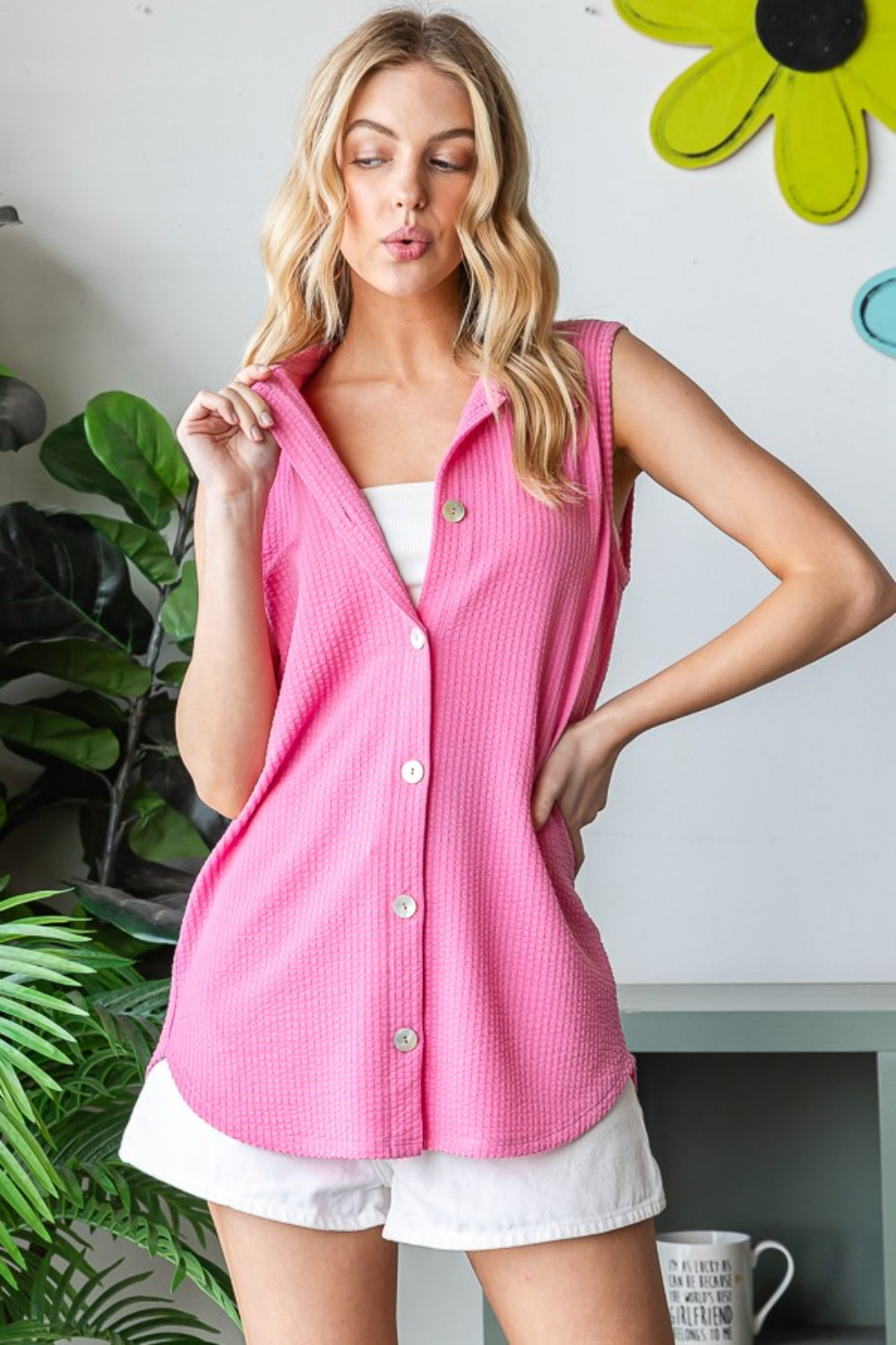 Heimish Full Size Texture Button Up Sleeveless Top Pink