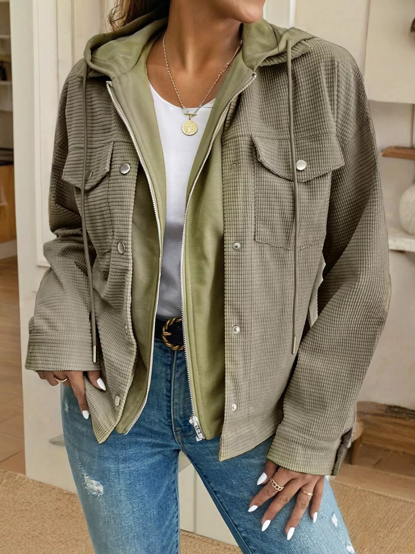 Daverri thermal knit olive green textured hooded jacket front view