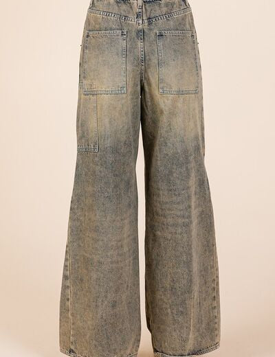 Mittoshop Washed Wide Leg Jeans with Pockets