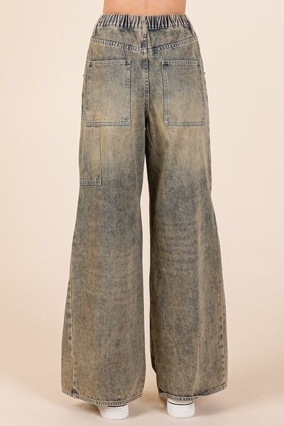 Mittoshop Washed Wide Leg Jeans with Pockets