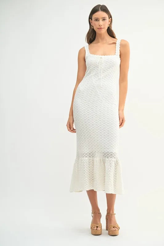 MABLE Ruffled Hem Sleeveless Crochet Knit Midi Dress