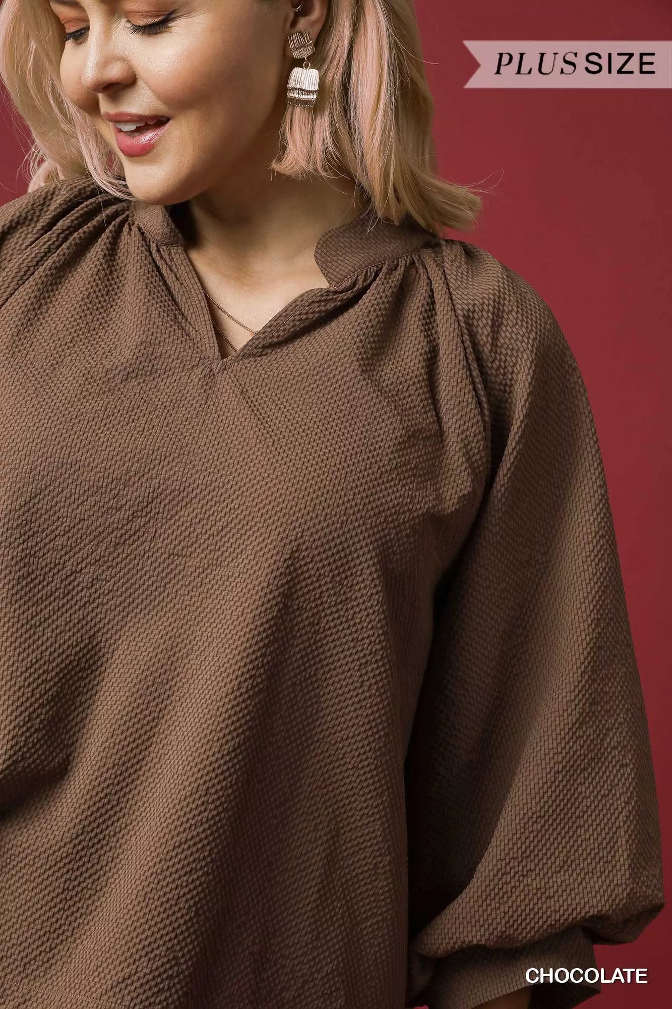 Umgee Full Size Textured Notched Balloon Sleeve Blouse Plus Size | Blouses Daverri Fashions
