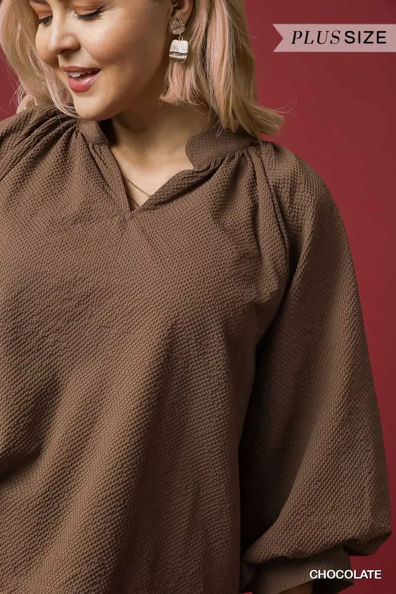 Umgee Full Size Textured Notched Balloon Sleeve Blouse Plus Size - DAVERRI FASHIONS