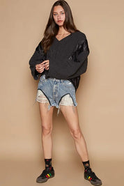 POL Cable Knit Quilting Patch V-Neck Sweater Black | Sweaters Daverri Fashions