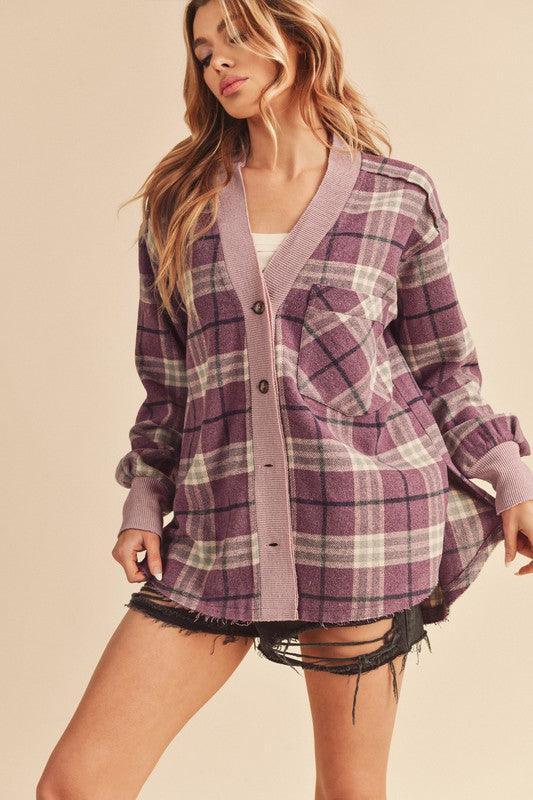 Aemi + Co Side Slit Patch Pocket Plaid Button Down Jacket - DAVERRI FASHIONS