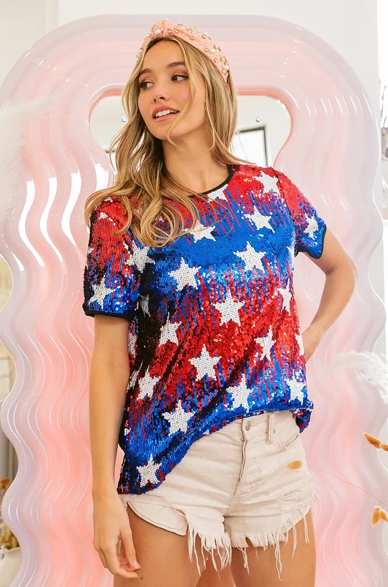 BiBi American Theme Star Pattern Sequin Top Tops
