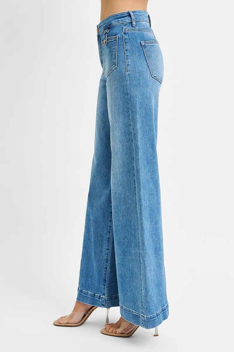 RISEN Full Size Mid Rise Wide Front Patch Pocket Jeans Jeans