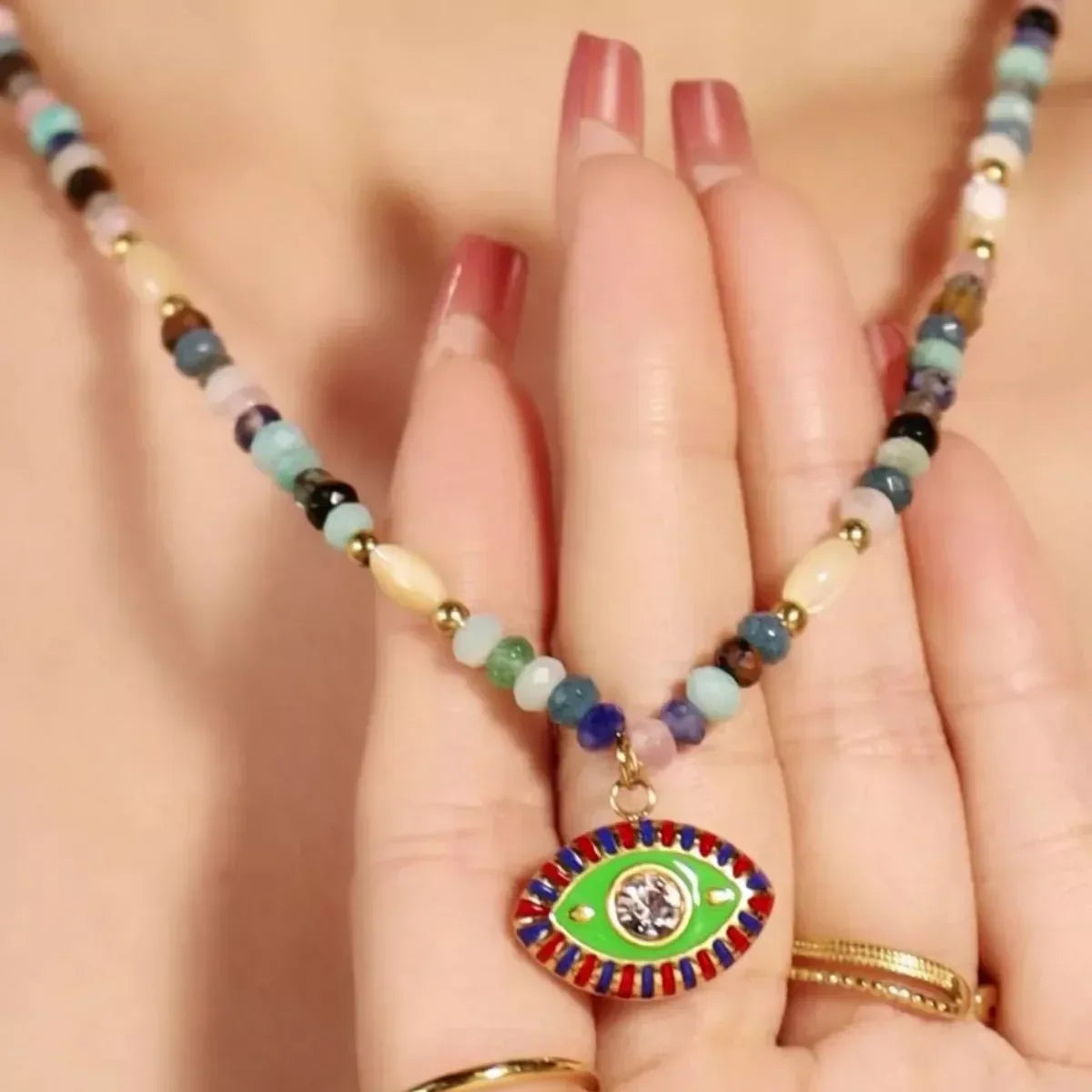 Zircon Bead Evil Eye Pendant Necklace - DAVERRI FASHIONS