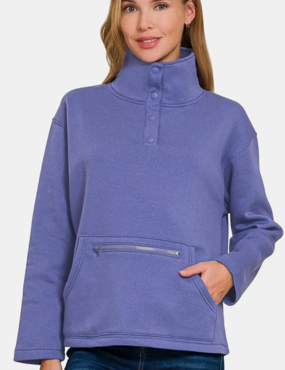 Blue Purple Zenana Turtleneck Half Snap Fleece Sweatshirt Blurple | Sweatshirts Daverri Fashions