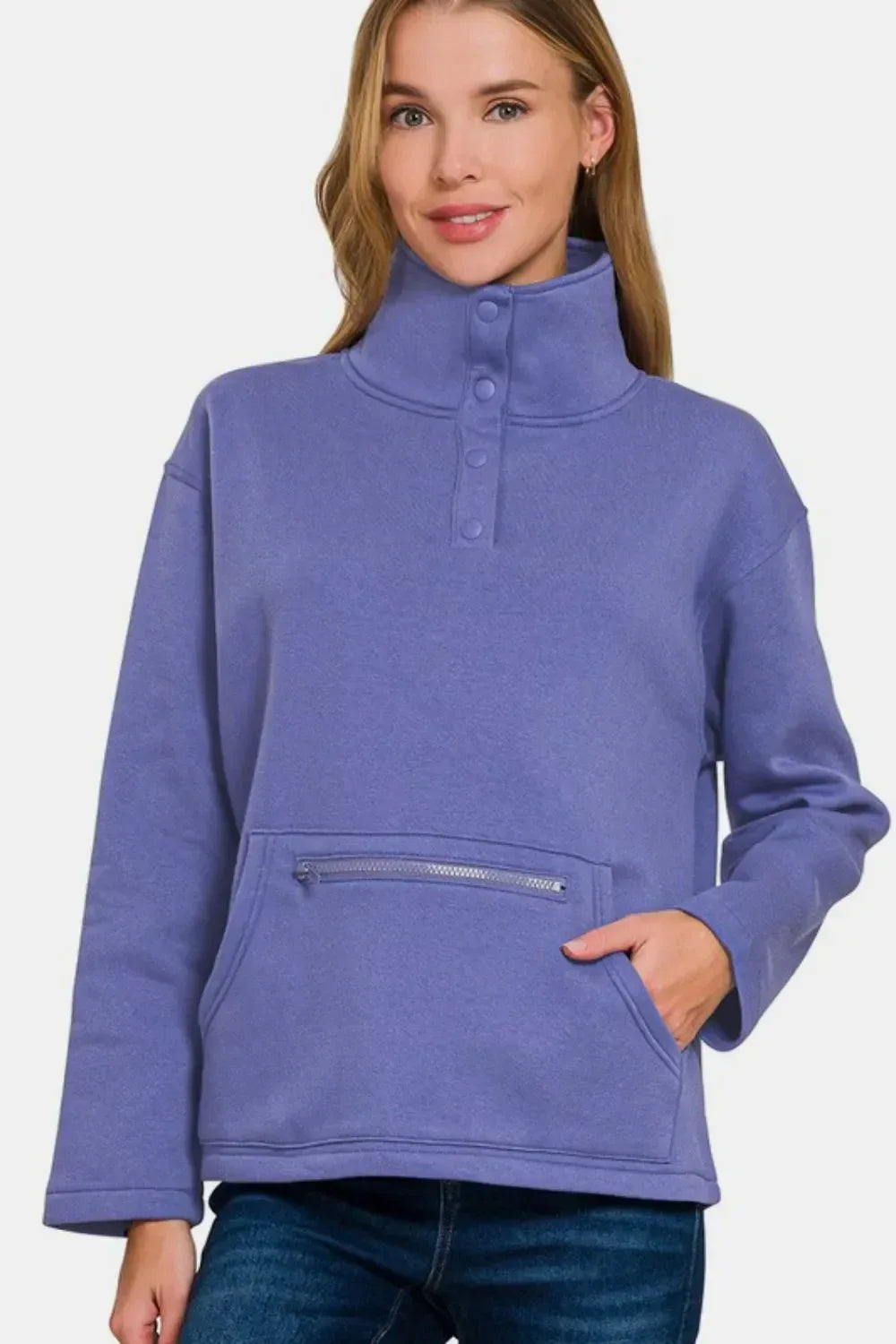 Zenana Turtleneck Half Snap Fleece Sweatshirt Blurple - DAVERRI FASHIONS