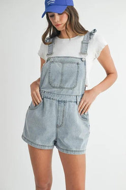 MABLE Square Neck Ruffle Shoulder Denim Overall Romper - DAVERRI FASHIONS