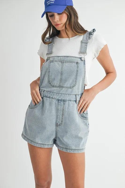 MABLE Square Neck Ruffle Shoulder Denim Overall Romper Lt Denim S Shortalls