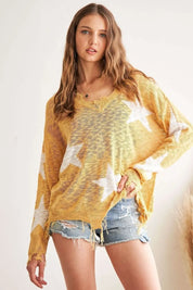 YELLOW ADORA Distressed Star Sweater Top | Sweaters Daverri Fashions