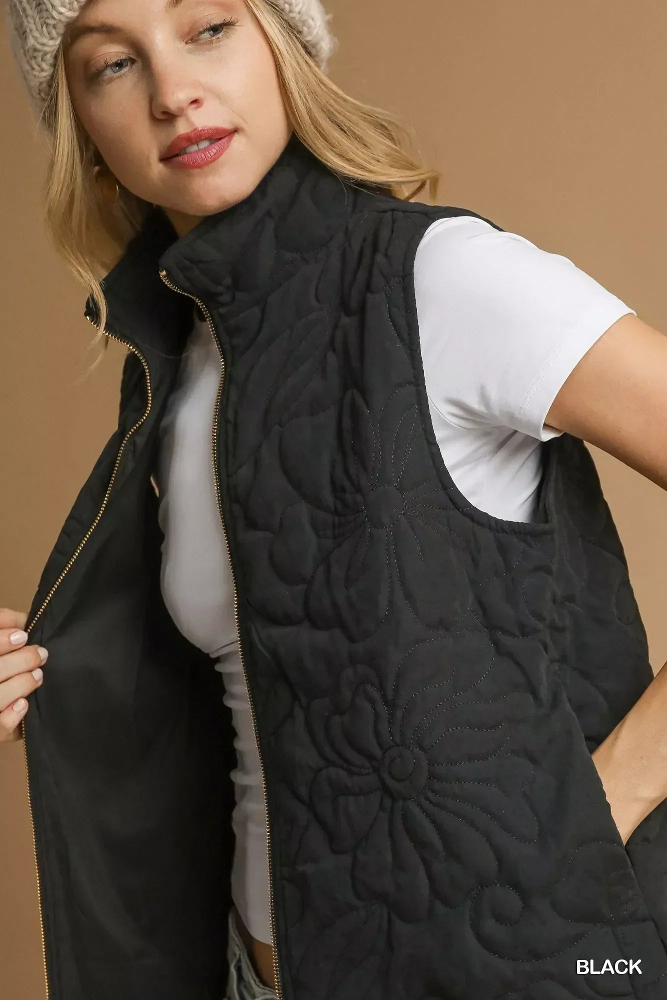 Umgee Quilted Floral Zip Up Vest with Pockets - DAVERRI FASHIONS