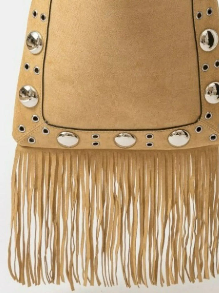Faux Suede Grommet Accent Fringe Tote Bag Taupe | Daverri Fashions