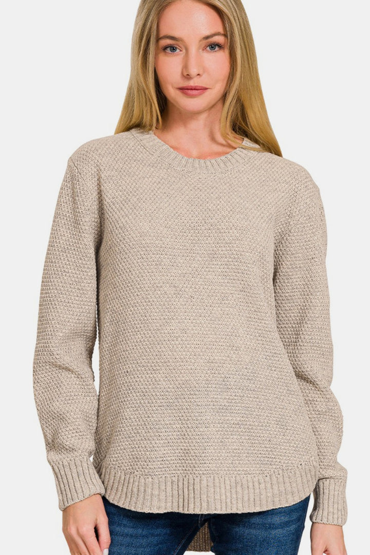 Round Neck Long Sleeve Curved Hem Sweater Tops