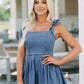 Square Neck Tie Shoulder Denim Dress - DAVERRI FASHIONS