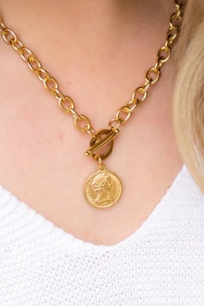 Stainless Steel Coin Toggle Necklace Gold OneSize