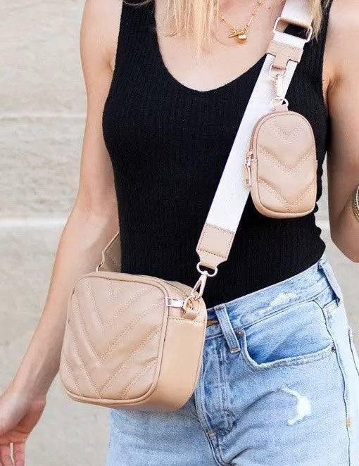 Taupe OneSize Chevron Quilted Vegan Leather Crossbody | Handbags Daverri Fashions