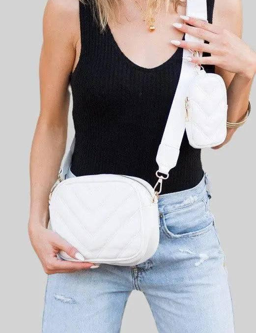 White OneSize Chevron Quilted Vegan Leather Crossbody | Handbags Daverri Fashions