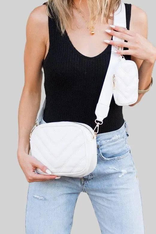 White OneSize Chevron Quilted Vegan Leather Crossbody | Handbags Daverri Fashions