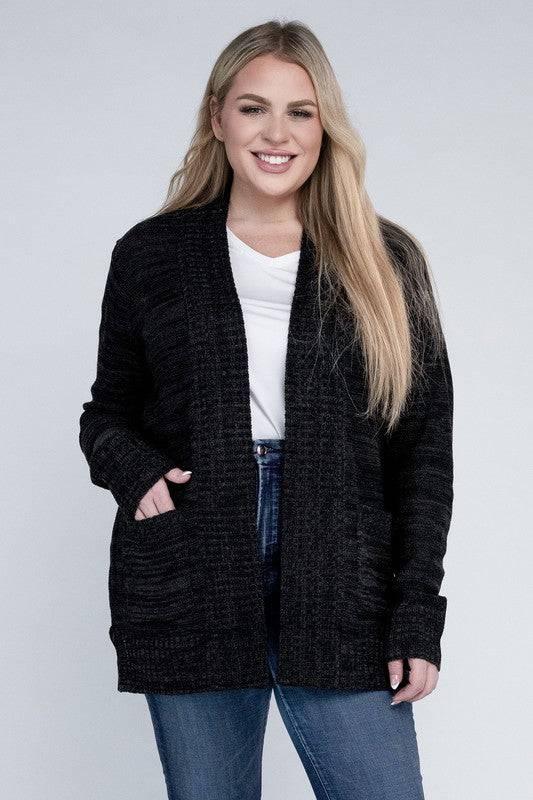 Plus Solid Open Front Cardigan Black Chacoal