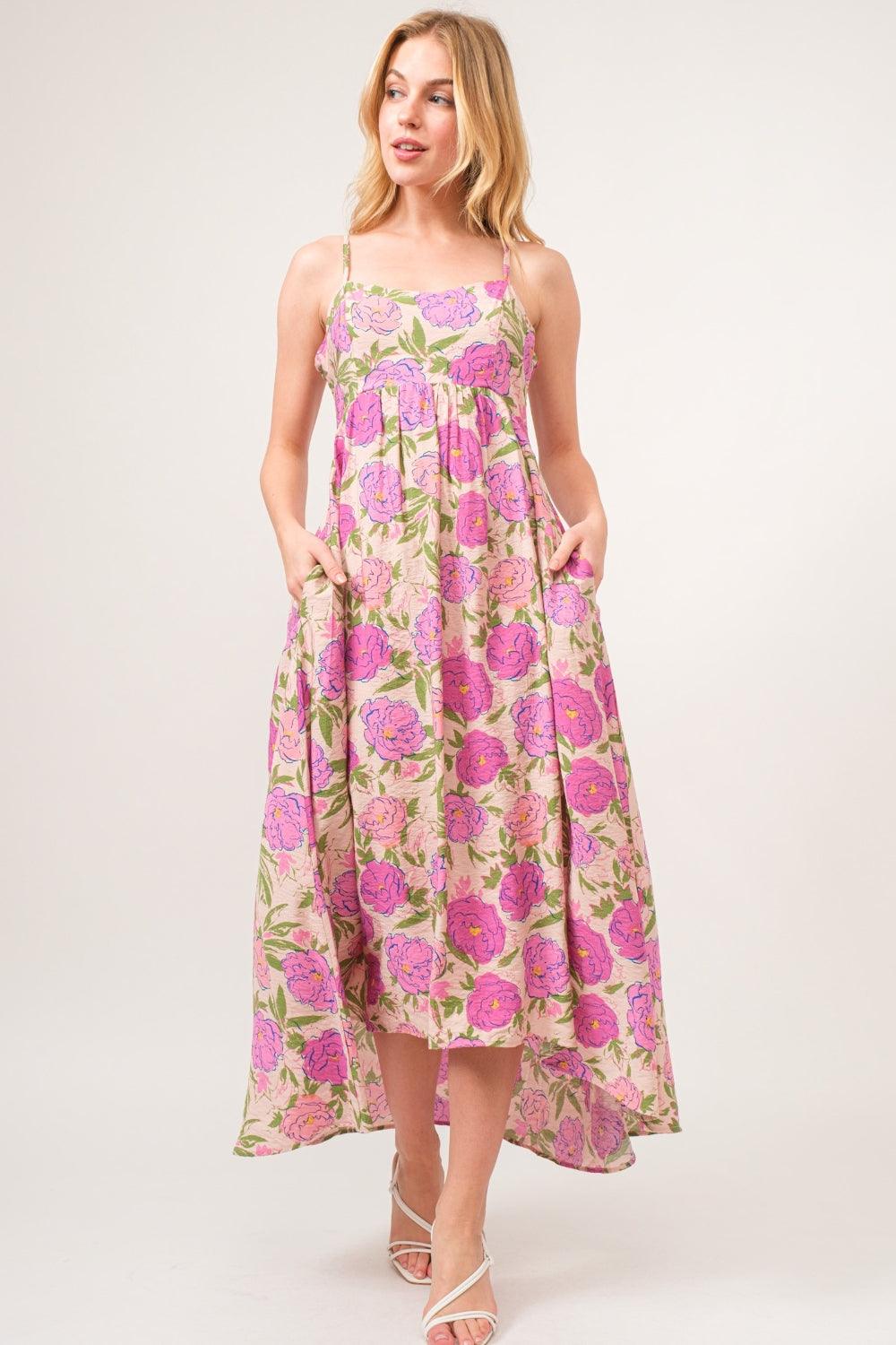 And The Why Floral High-Low Hem Cami Dress Pink M Midi Dresses
