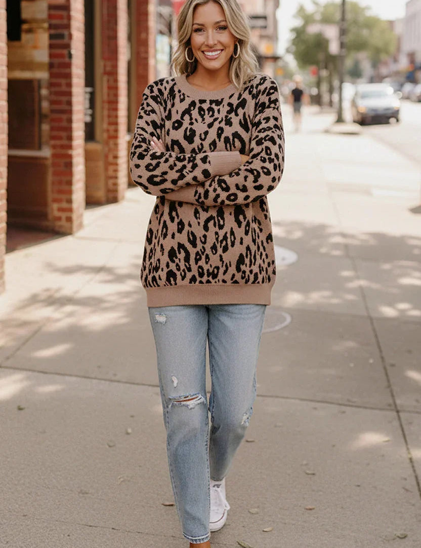 Leopard Jacquard Oversized Sweater Knit Top | Daverri Fashions