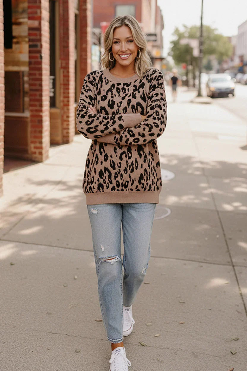 Leopard Jacquard Oversized Sweater Knit Top | Daverri Fashions