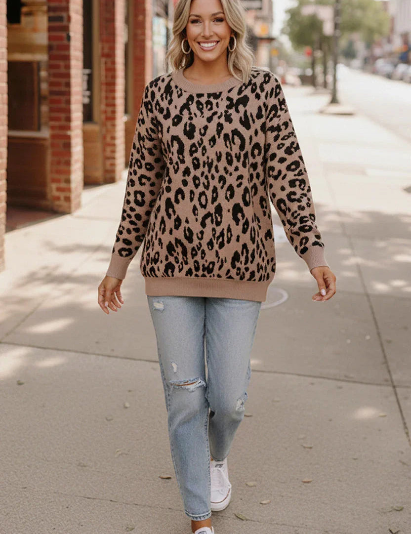 Leopard Jacquard Oversized Sweater Knit Top | Daverri Fashions
