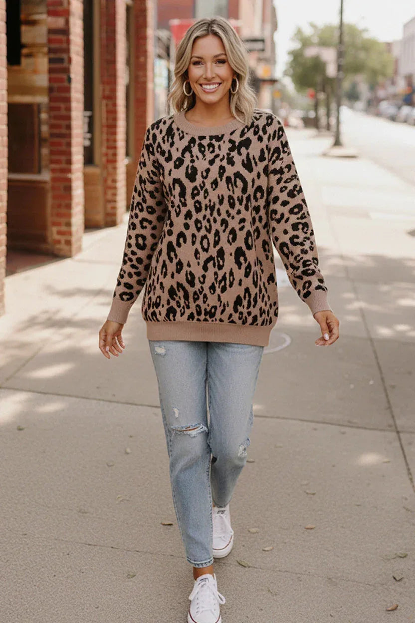 Leopard Jacquard Oversized Sweater Knit Top - DAVERRI FASHIONS