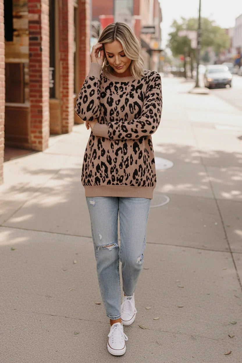 Leopard Jacquard Oversized Sweater Knit Top | Daverri Fashions