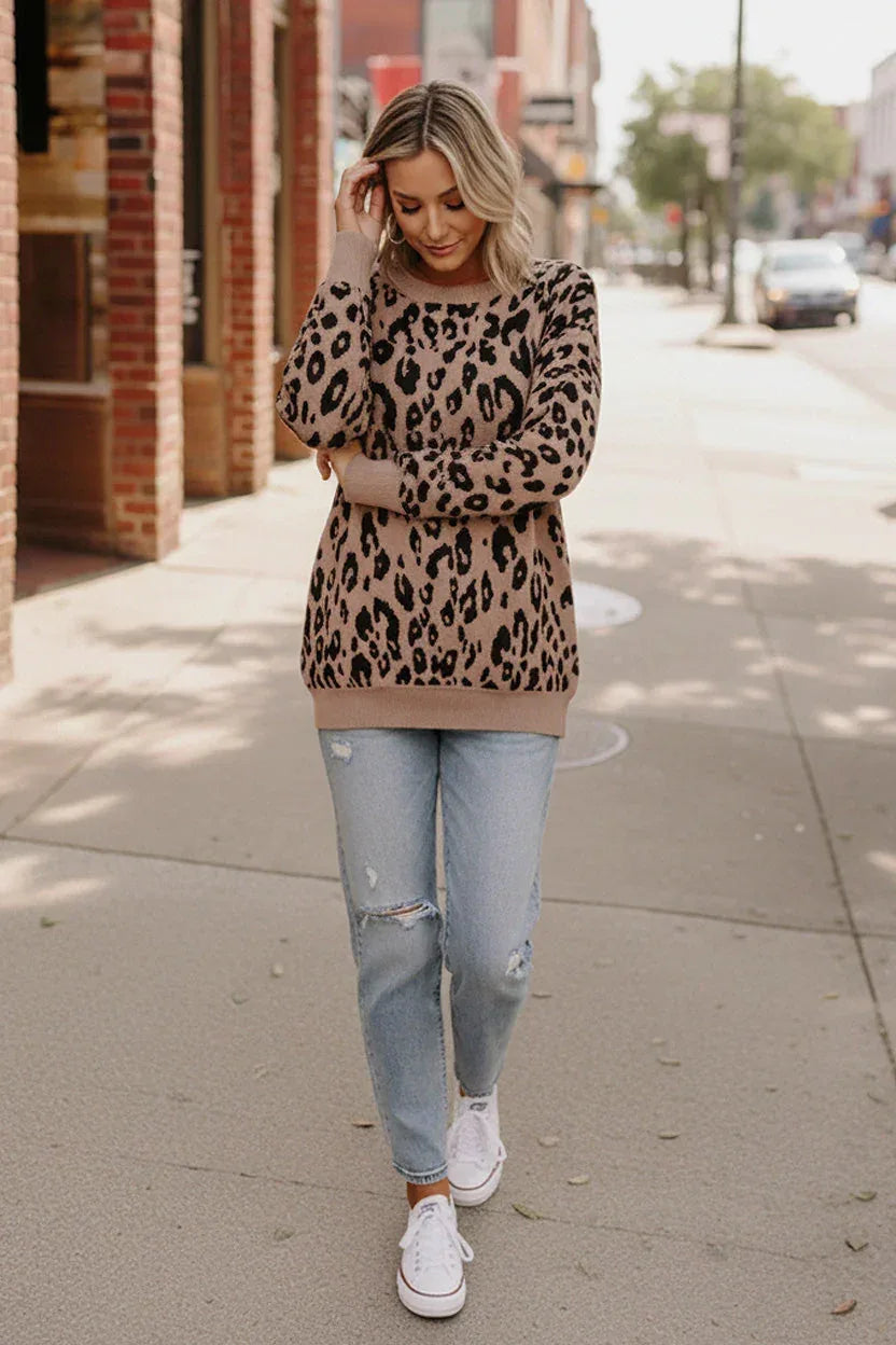 Leopard Jacquard Oversized Sweater Knit Top - DAVERRI FASHIONS