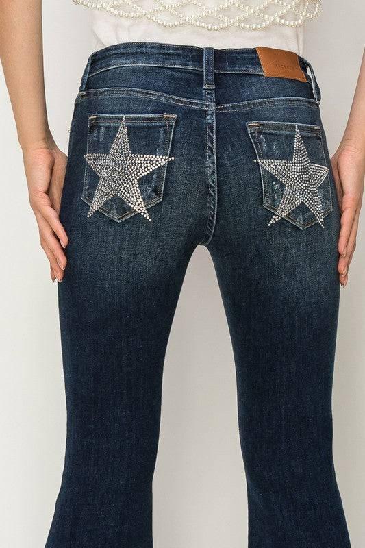 Rhinestone star pockets mid rise flare jeans Jeans