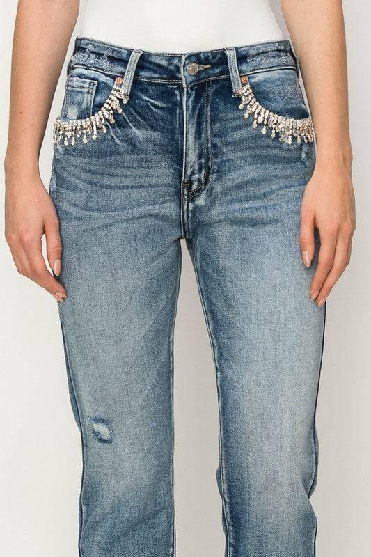 High Rise Crystal Embellished Straight Jeans MEDIUM STONE WASH Jeans