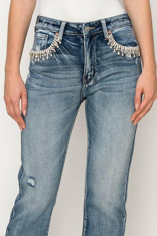 High Rise Crystal Embellished Straight Jeans Jeans