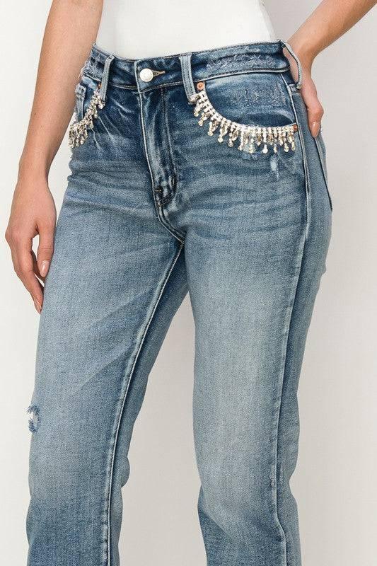 High Rise Crystal Embellished Straight Jeans Jeans