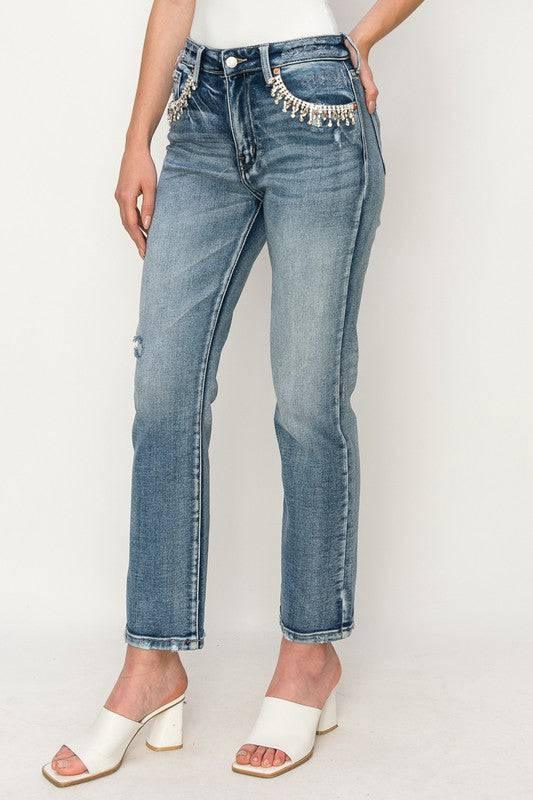 High Rise Crystal Embellished Straight Jeans Jeans