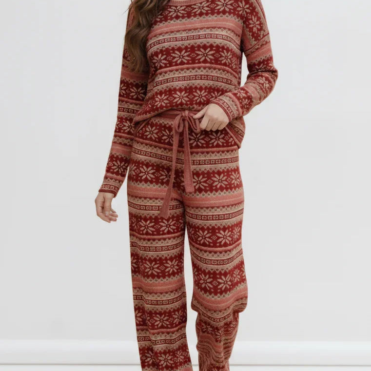 Red and white Fair Isle knit jumpsuit with drawstring waist from Haptics lounge set