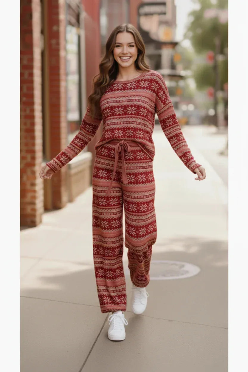 Haptics Red Holiday Fair Isle Lounge Set - DAVERRI FASHIONS